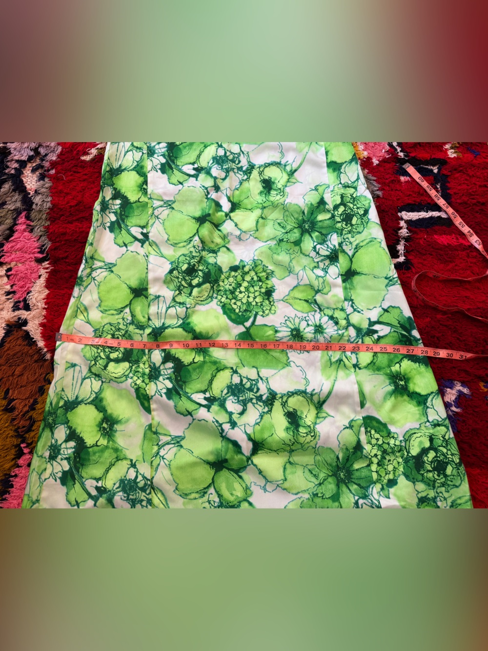 70s Vintage Handmade Bright Green Floral Maxi Shirt Dress Sz M - Picture 9 of 10